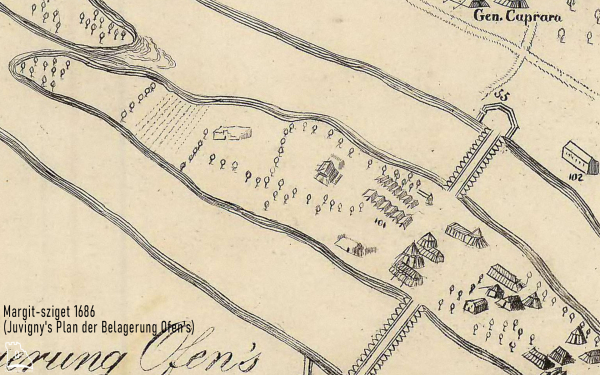 Margitszigeti romok Juvigny 1686-os ostromtérképén